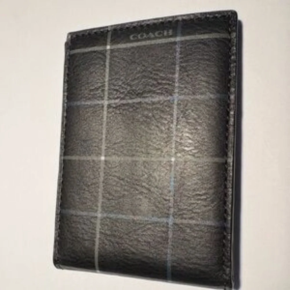 Coach Black and Gray Plaid Leather Card Holder
